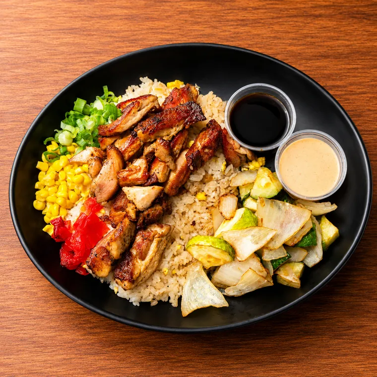 A teppan chicken plate with fried rice, vegetables and house sauces