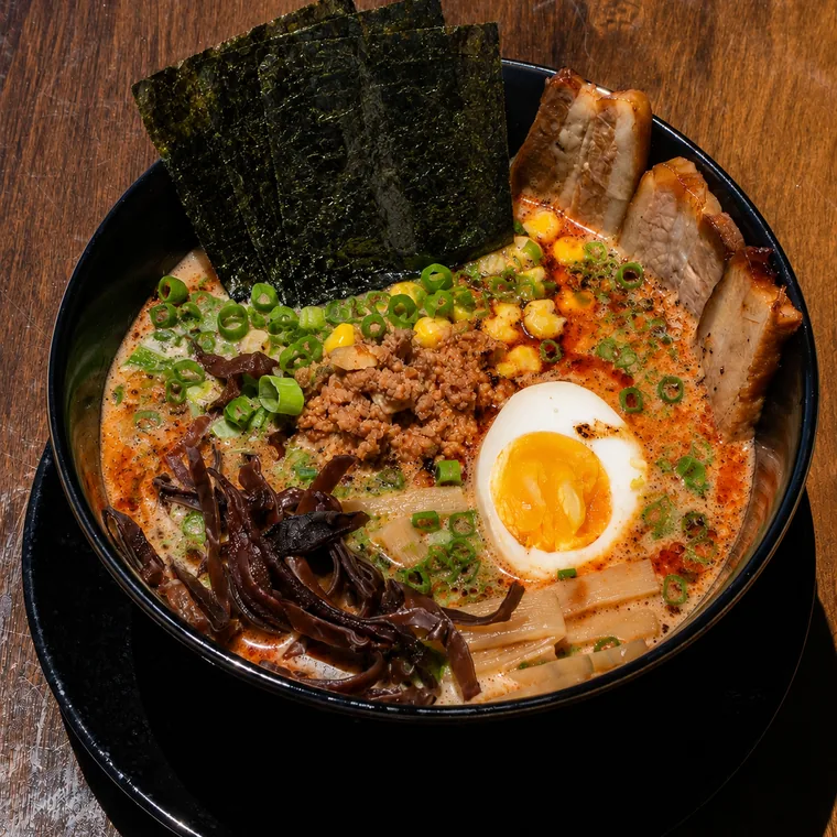 A finished Supreme Tonkotsu bowl at Ichi-Kaku Ramen